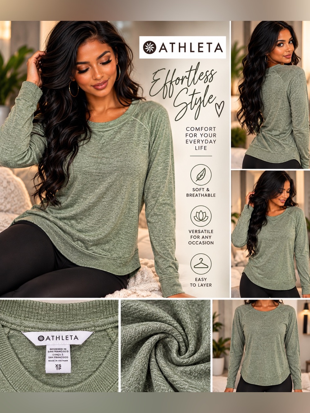 Athleta Women's Effortless Olive Long-Sleeve Top size XS- soft feel